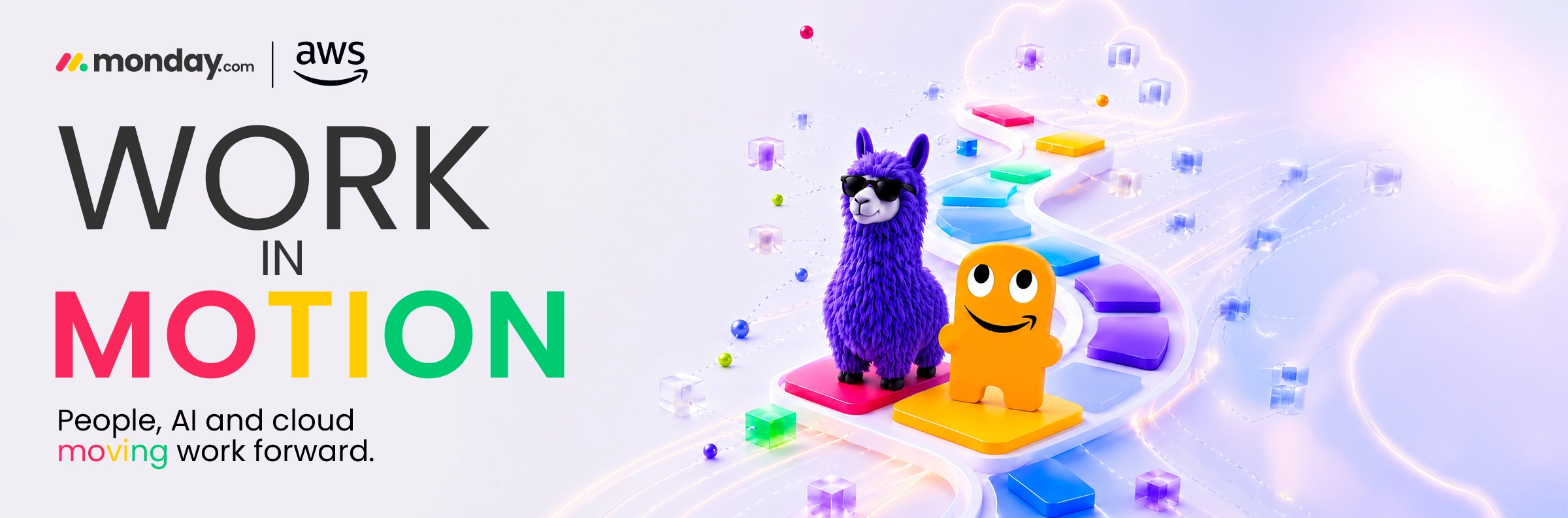 Work in Motion · People, AI and cloud moving work forward · monday.com y AWS